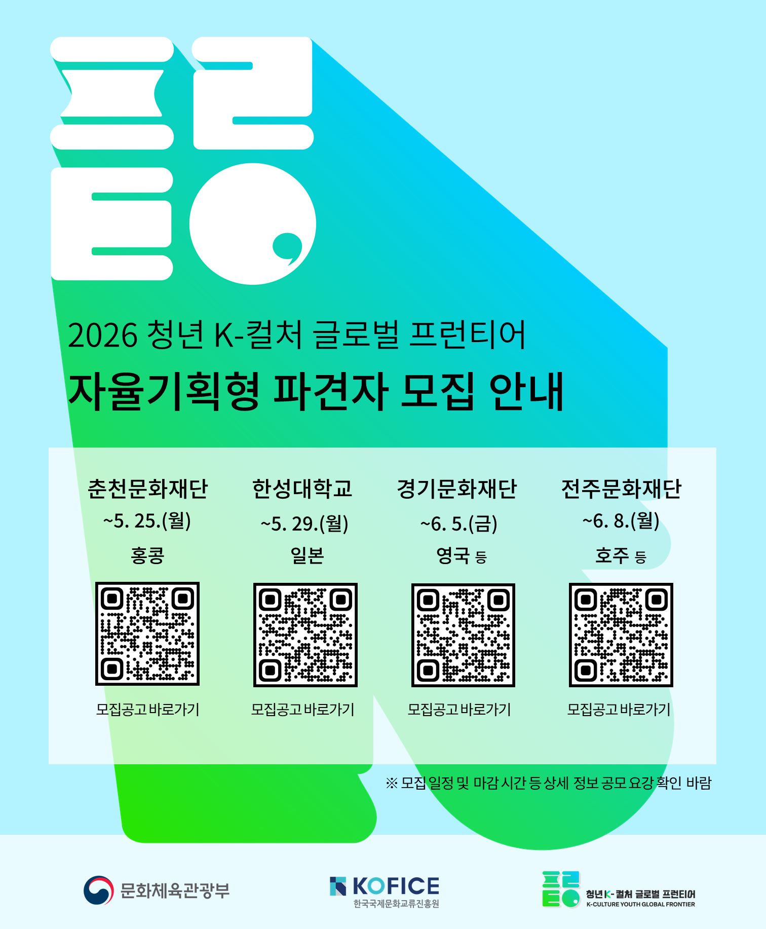 안녕하세요, 한국국제문화교류진흥원(KOFICE)입니다.  KOFICE에서 추진하는  자율기획형 파견자 모집이 현재 진행 중입니다. 는 청년들이 해외 현장에서 글로벌 역량을 키울 수 있도록 지원하는 사업이오니, 문화예술 및 국제교류 분야에 관심 있는 청년 여러분의 많은 관심과 참여 바랍니다.  수행기관별 모집 일정 및 파견 국가 춘천문화재단 모집기간 : ~ 2026.5.25.(월) 파견국가 : 홍콩 한성대학교 모집기간 : ~ 2026.5.29.(월) 파견국가 : 일본 경기문화재단 모집기간 : ~ 2026.6.5.(금) 파견국가 : 영국 등 전주문화재단 모집기간 : ~ 2026.6.8.(월.......