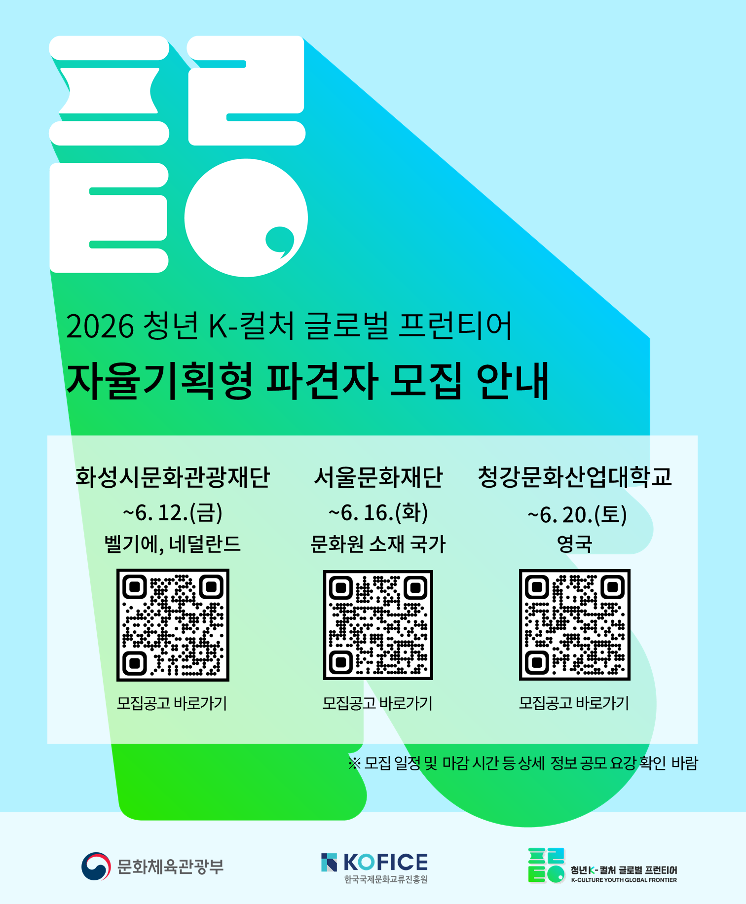 안녕하세요, 한국국제문화교류진흥원(KOFICE)입니다. 한국국제문화교류진흥원은 미래 세대인 청년들이 해외 문화 현장에서 주도적으로 활동하며 한국 문화를 알리고, 국제적 역량을 갖춘 인재로 성장할 수 있도록  사업을 추진하고 있습니다.  자율기획형은 청년들이 해외 문화예술 프로젝트에 직접 참여하고 국제문화교류 현장을 경험할 수 있도록 지원하는 프로그램입니다.  현재 모집 중인 수행기관 ▪ 화성시문화관광재단 모집기간 : ~ 2026. 6. 12.(금) * 금일 마감 파견국가 : 벨기에, 네덜란드 ▪ 서울문화재단 모집기간 : ~ 2026. 6. 16.(화) 파견국가.......